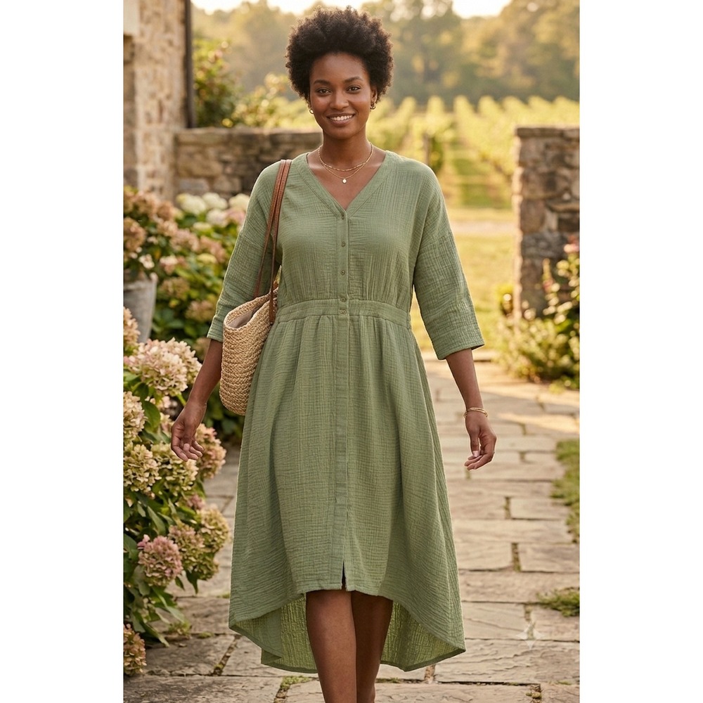 Soft Surroundings Drina Gauze Dress Women Size L Fern Green Boho Midi NWT